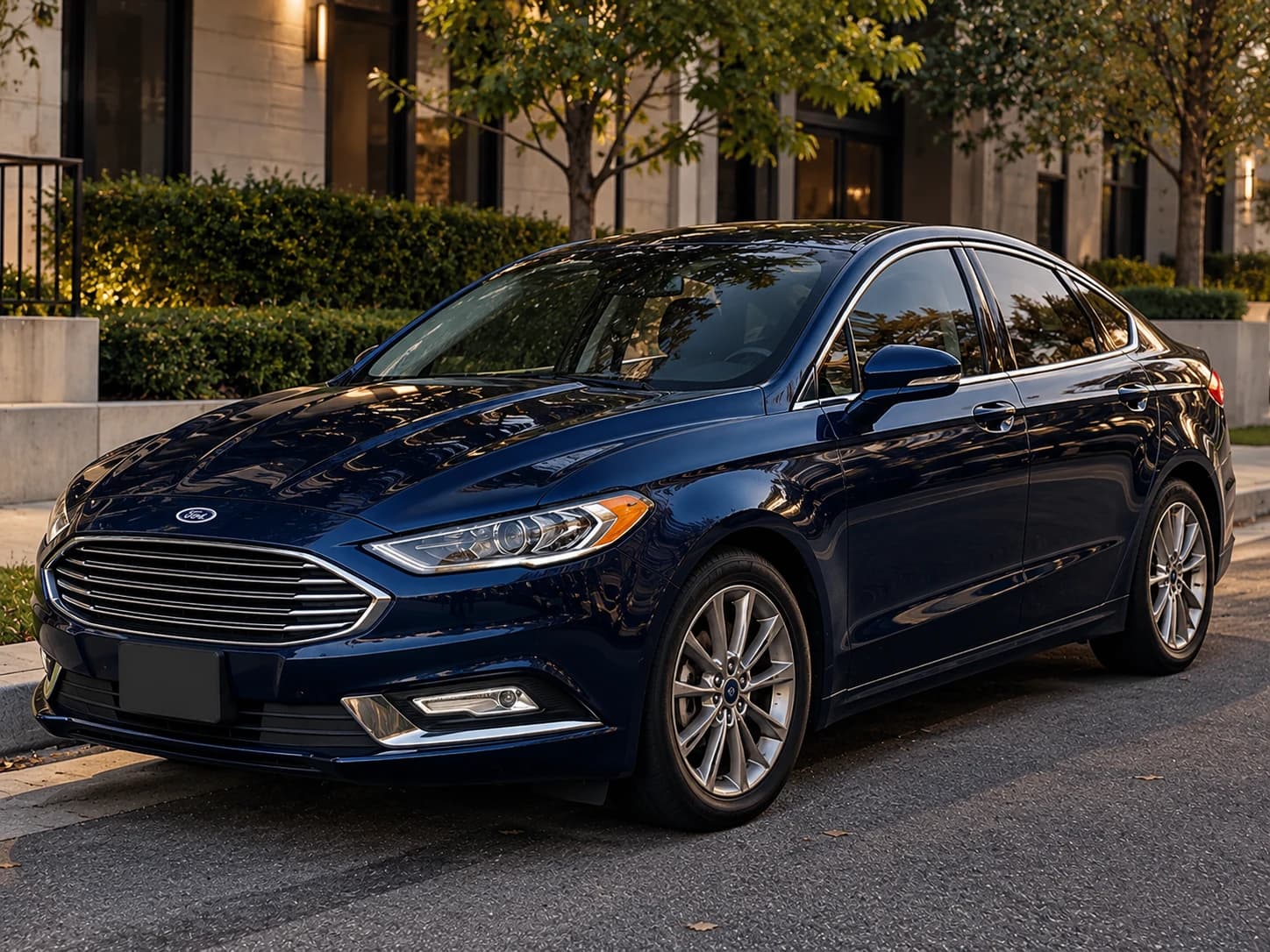 Dark blue sedan parked on a tree-lined street